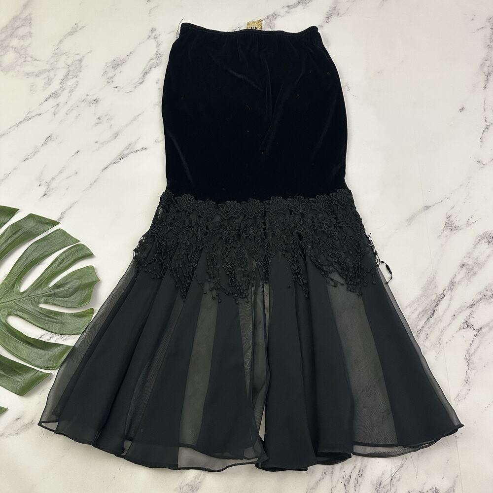 SAM Womens Vintage Y2k Velvet Midi Skirt Size L Black Lace Trim Whimsygoth